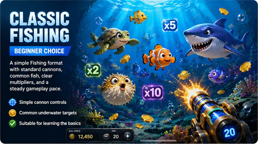 Classic Fishing game with beginner cannon and small fish