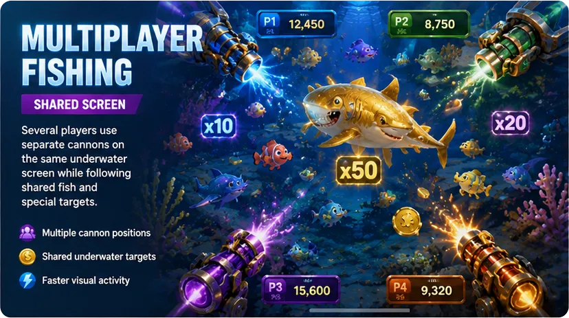 Multiplayer Fishing game with four player cannons