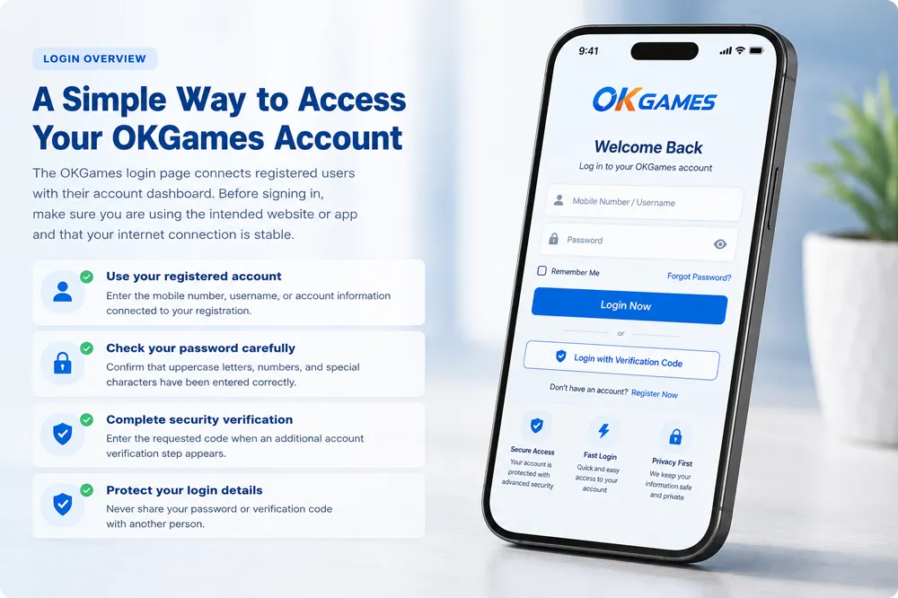 OKGames account login shown on a mobile device